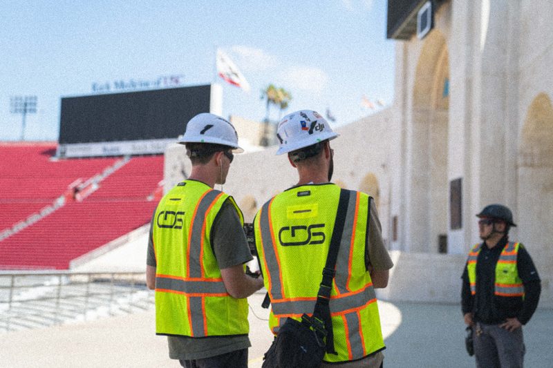 Two CDS shooters in hard hats and high-vis on the field at the LA Memorial Coliseum