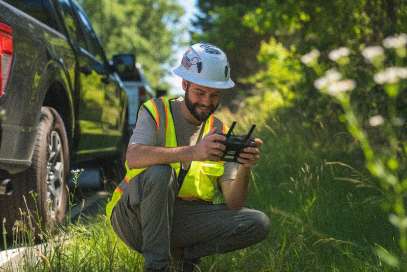 Launching a drone from the tailgate beside a truck at the edge of a field