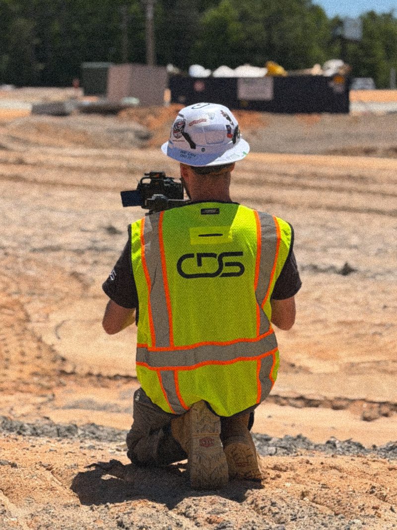 A CDS shooter kneeling to film low across a graded site