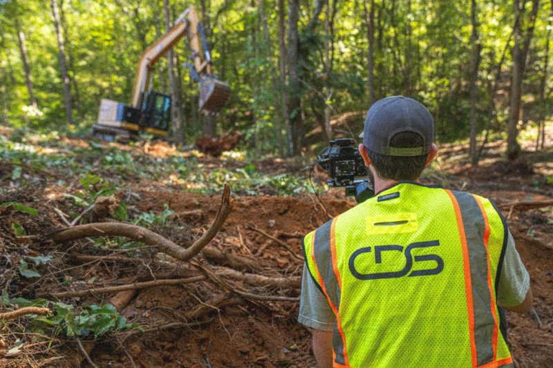 A CDS shooter filming an excavator clearing timber on a wooded slope