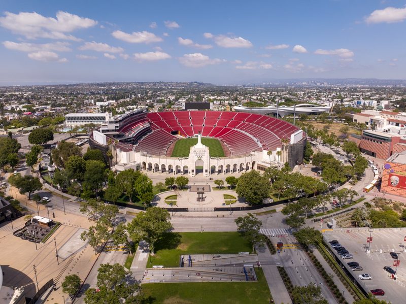 Aerial over the LA Coliseum and the park around it