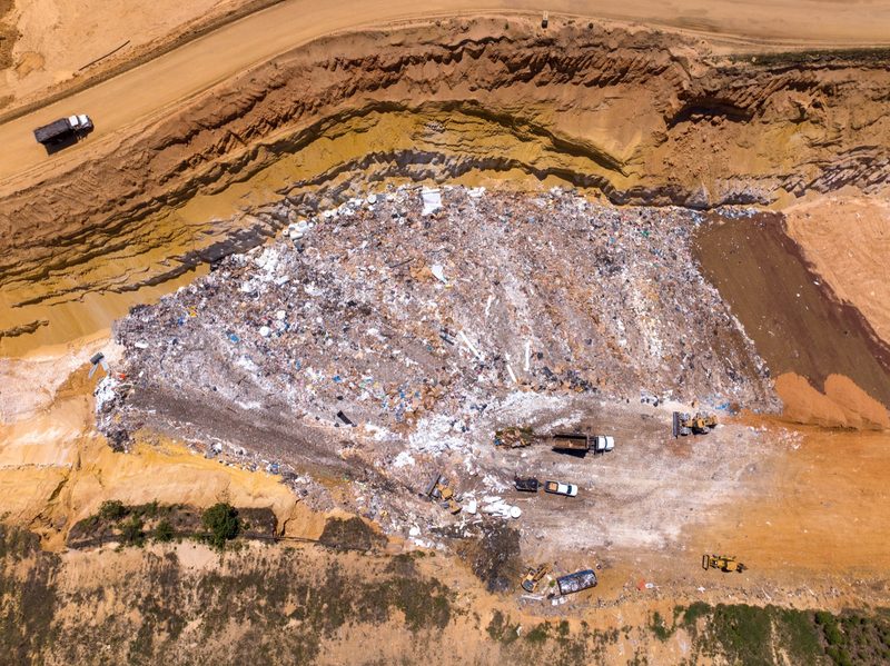 Aerial over the landfill working face, dozers pushing along the banded cut