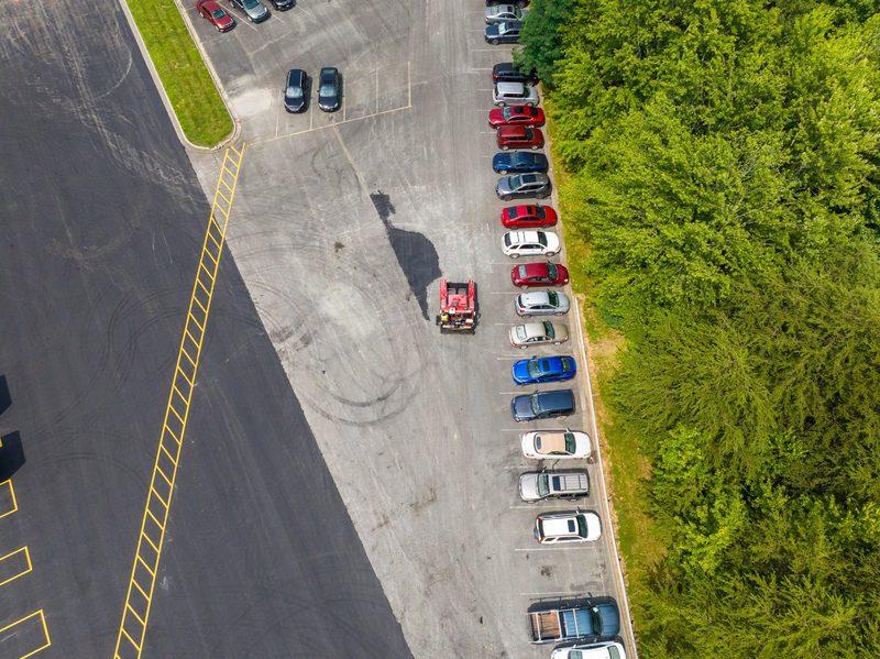 Straight down on the finished lot, new yellow striping running out