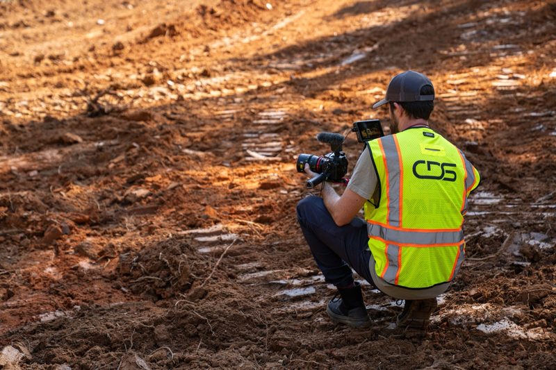 A shooter down on the clay getting the low angle
