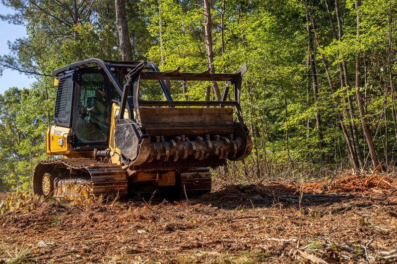A CAT track loader running a mulching head through the treeline