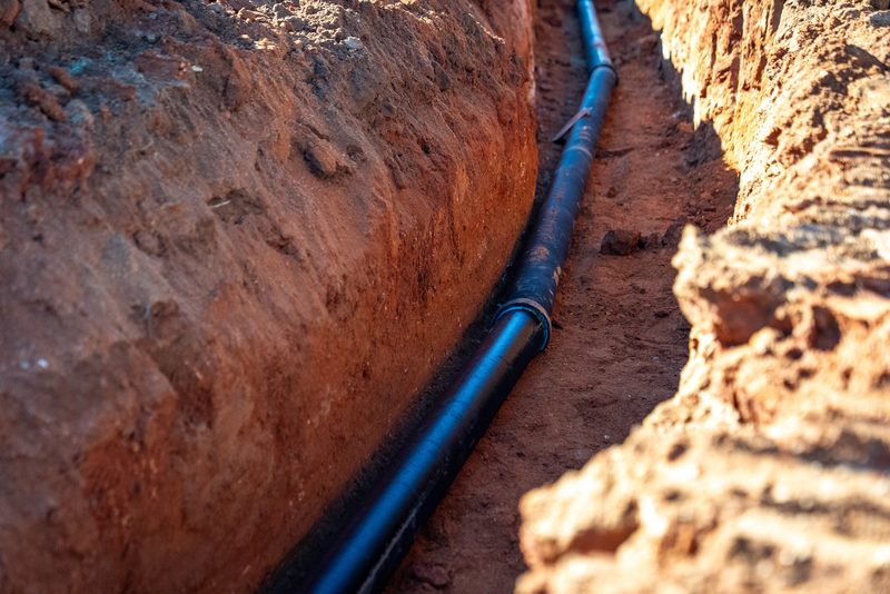 A new pipe run laid down an open trench, red clay walls rising either side