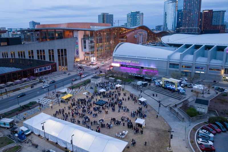Aerial of the BOMAG Live venue, the crowd gathered outside the arena